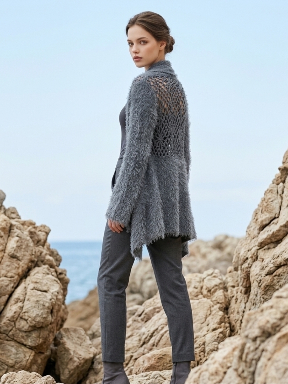 Chic Gray Open Knit Back Fuzzy Material Women's Cardigan Size Small - Picture 8 of 9